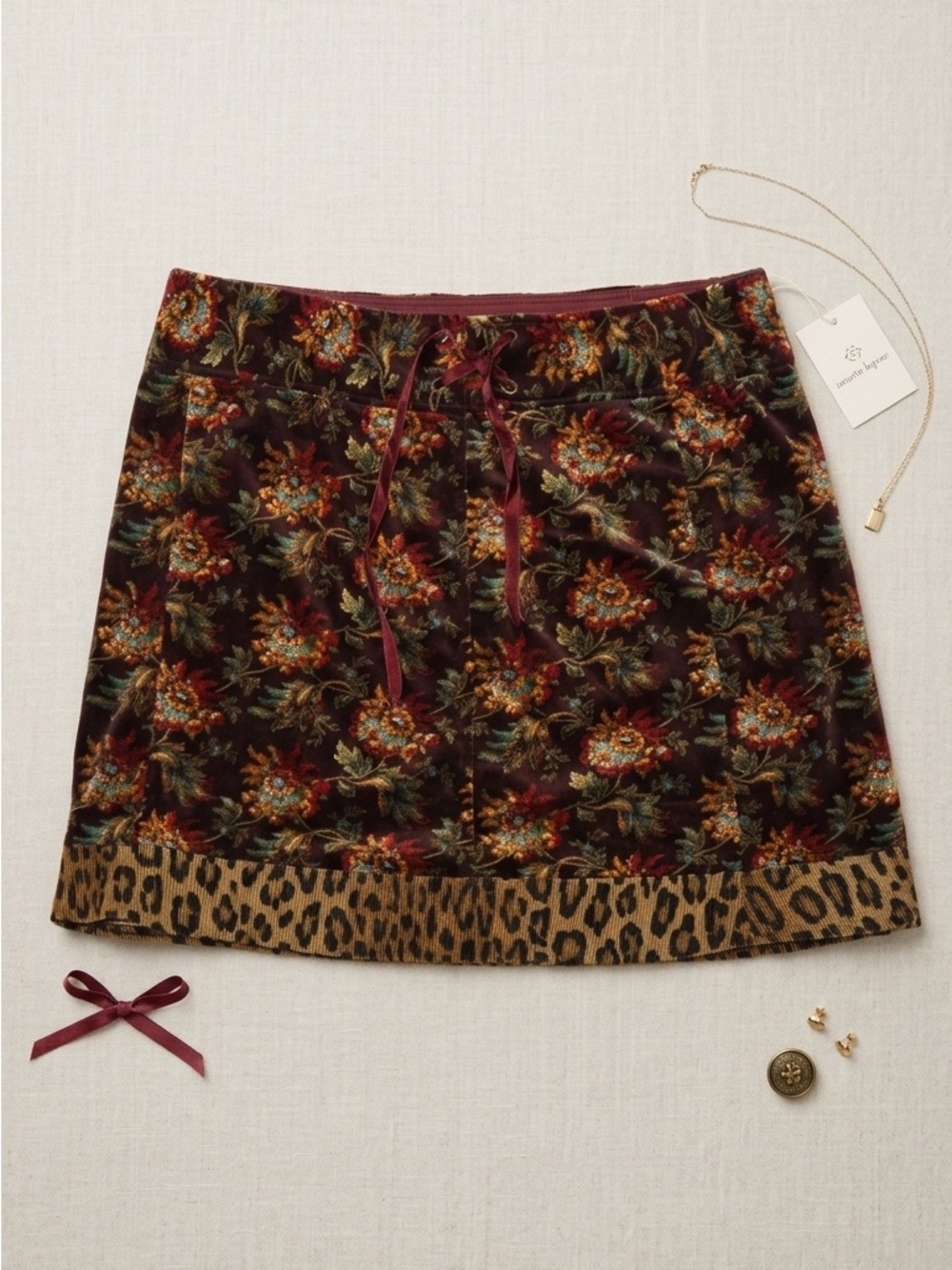 Nanette Lepore Velvet Floral Mini Skirt with Leopard Trim - Burgundy Floral
